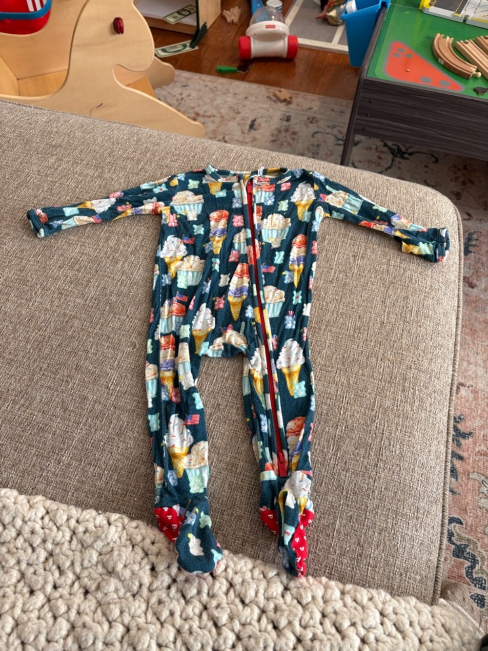 Ice Cream Print Navy Kids One-Piece Zipper Pajamas